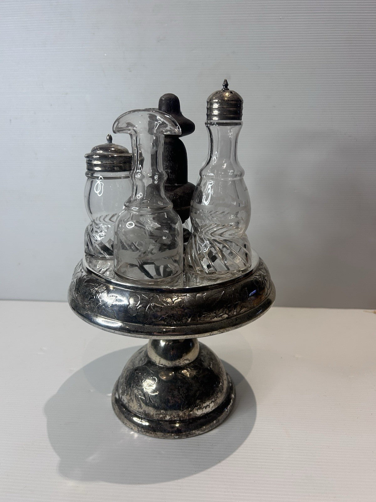 Antique Silver Plated Cruet Set w/ Cut Glass Bottles Victorian Style 27cm Tall
