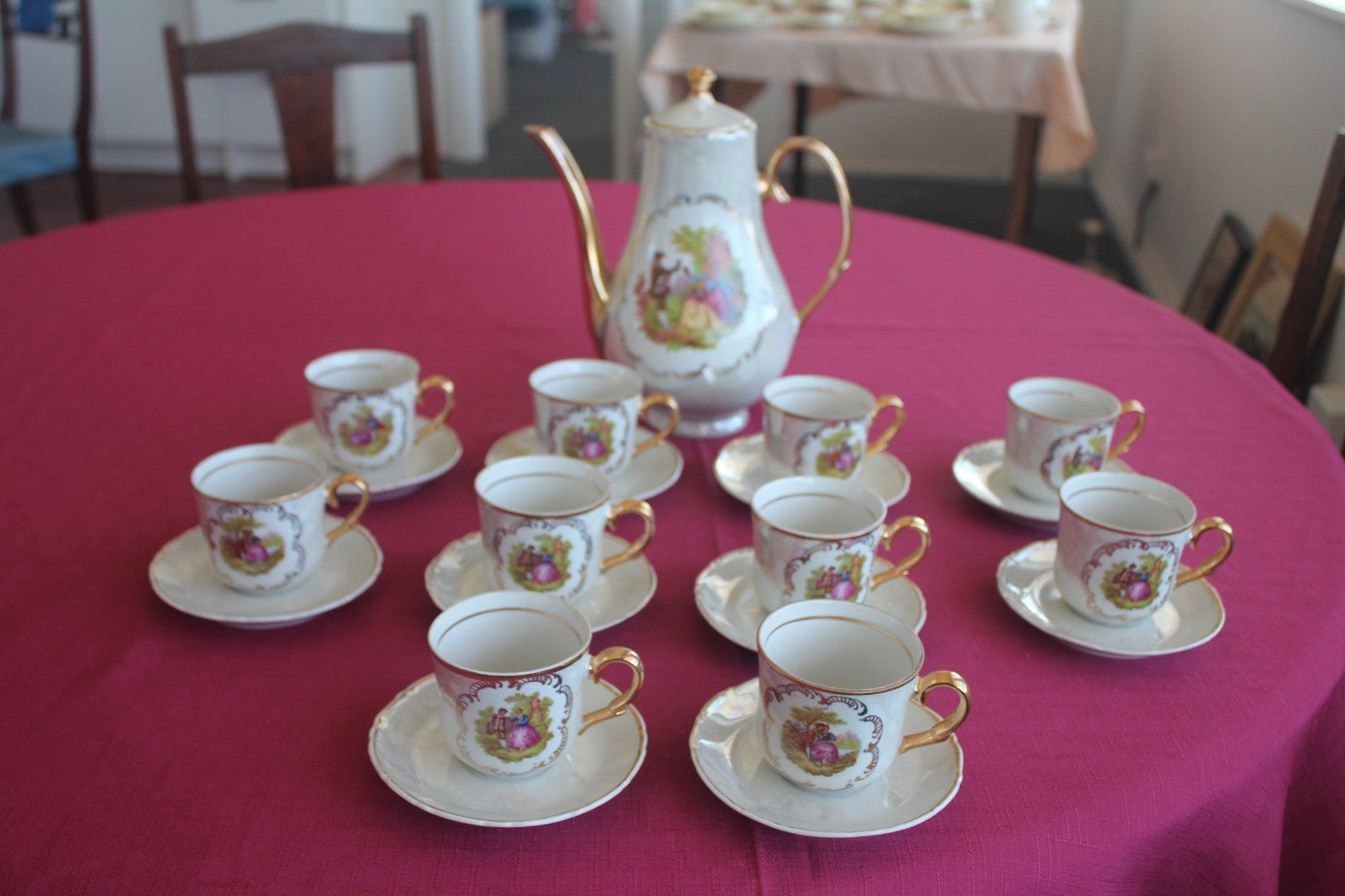 Vintage Nuria Spanish Lustreware Coffee Set – 21pc – Romantic Scenes – c.1950s