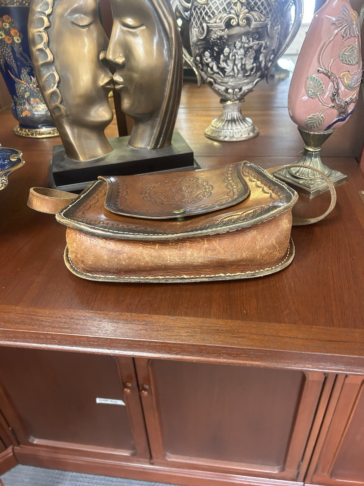 Vintage Tooled Leather Saddle Bag Crossbody Satchel Boho Western Brown