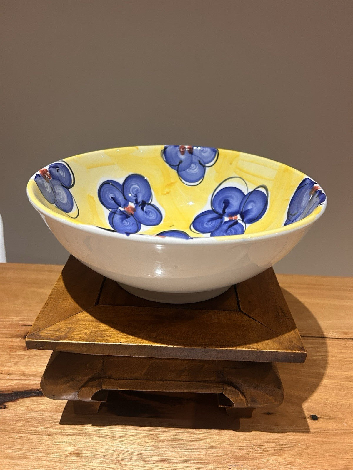 Italian Hand Painted Ceramic Bowl 29cm Deruta Style Yellow Blue Vintage