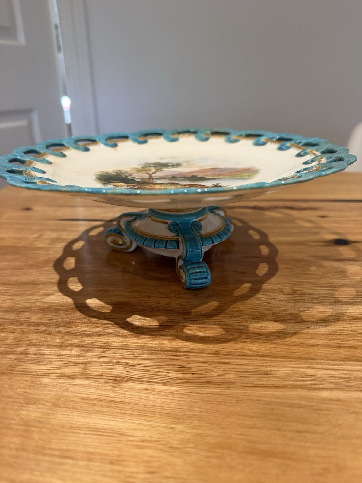 Antique Minton Style Porcelain Tazza Turquoise Pierced Rim Landscape c.1860
