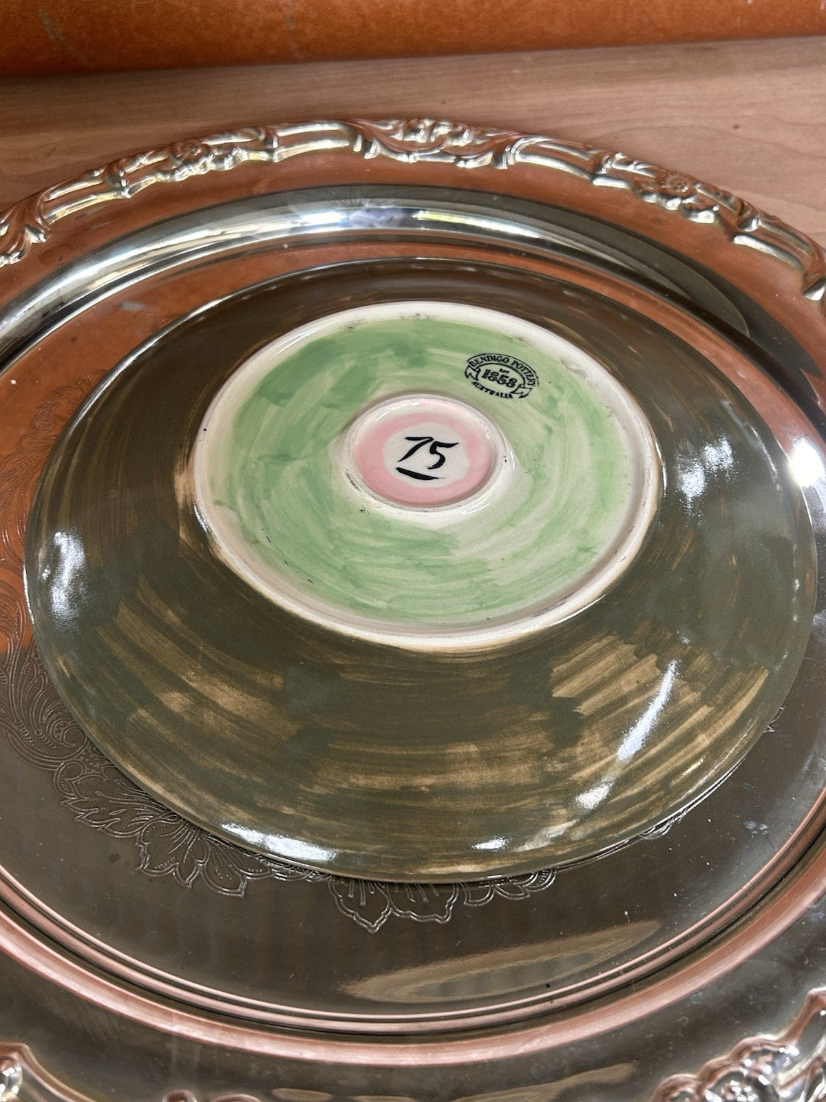 Bendigo Pottery Hand Painted Plates x2 Signed 75 – Pink Check Floral - 22cm