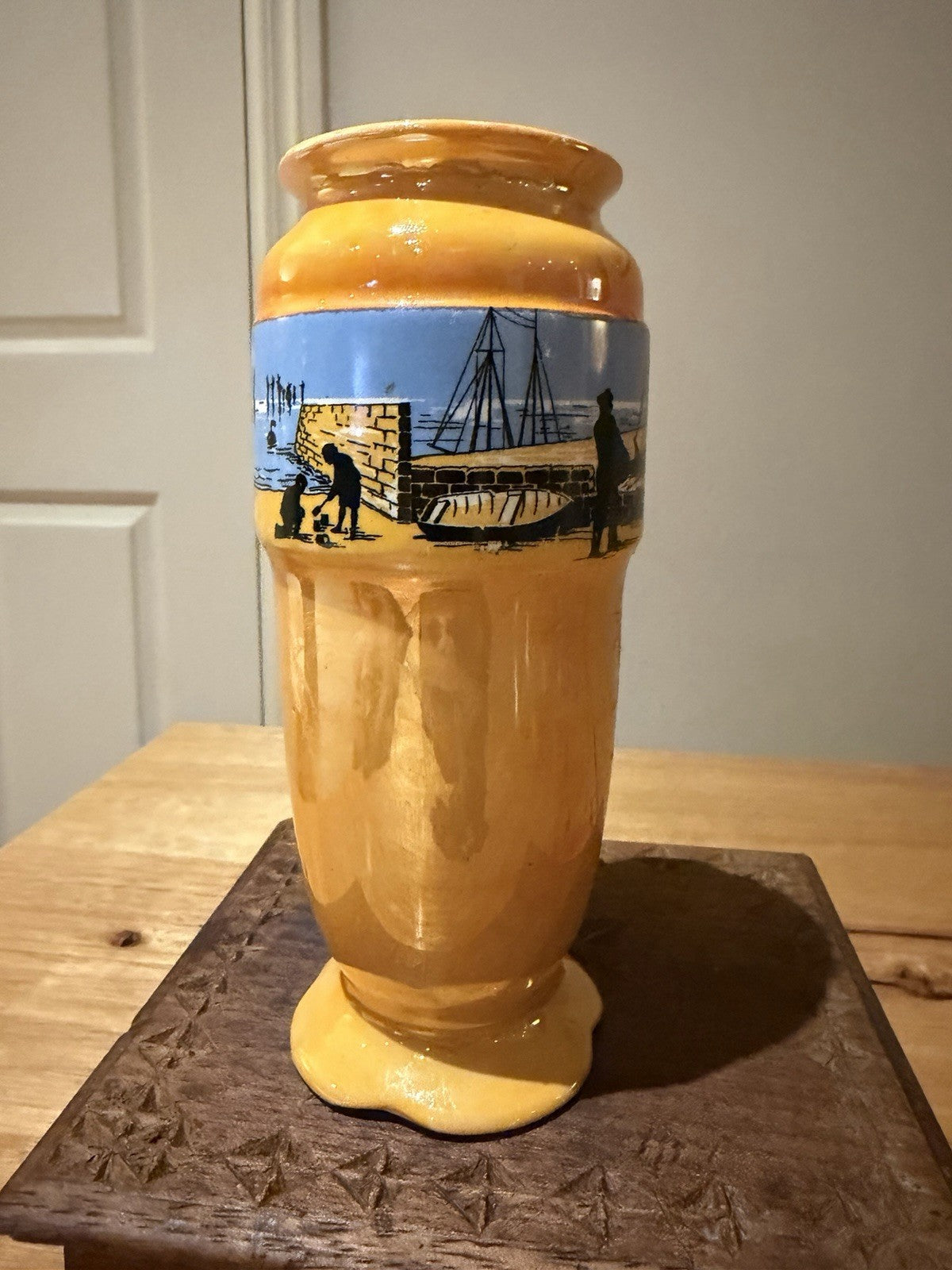 Antique Lancaster & Sons Hanley Footed Orange Lusterware Vase Seaside Fishermen