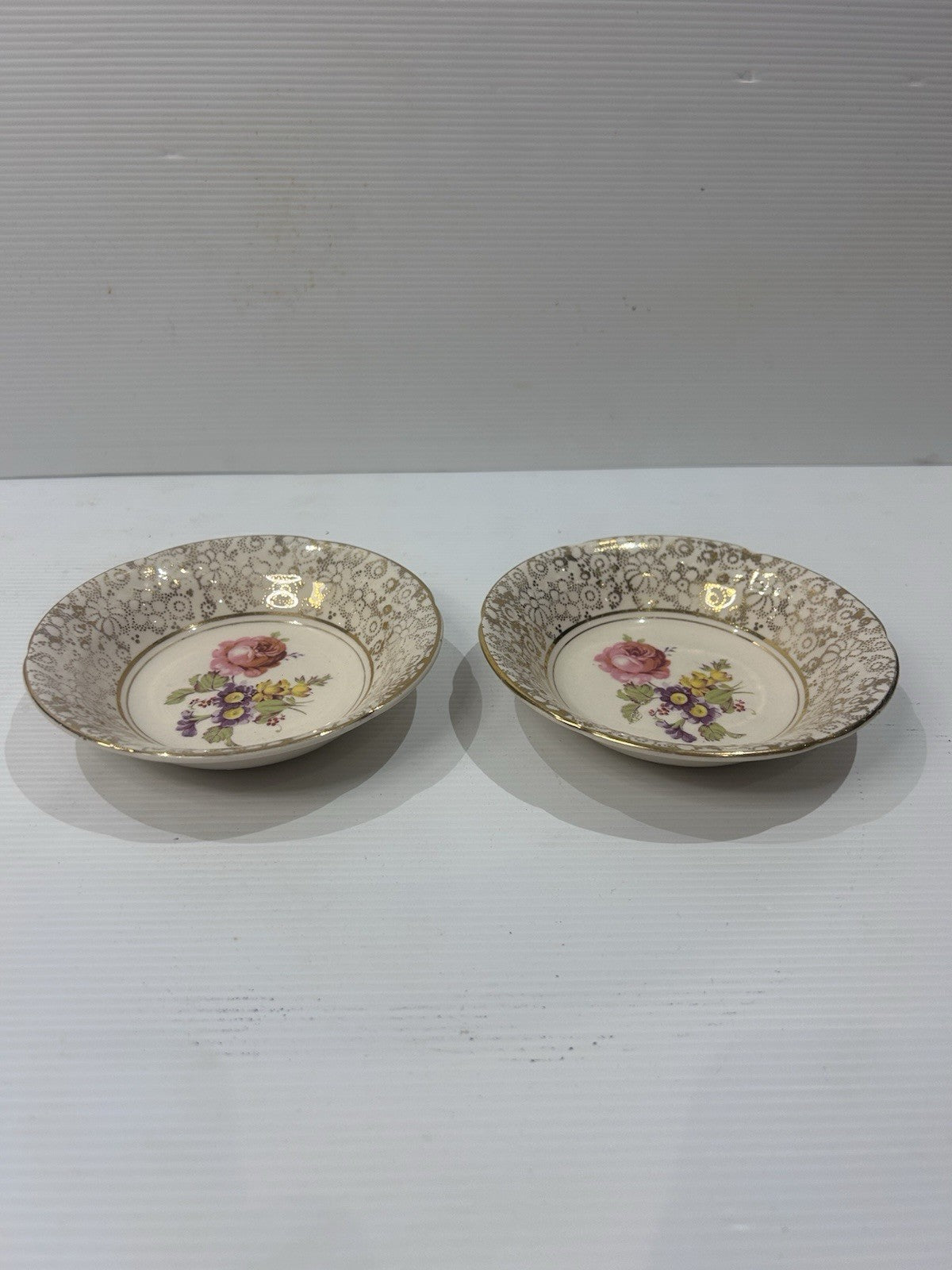 H&K Tunstall Floral Gold Lace Bowls x2 England Vintage Bone China