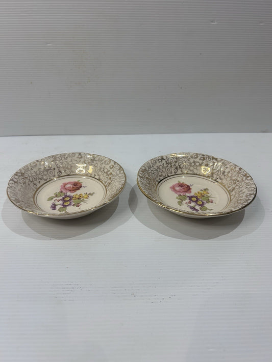 H&K Tunstall Floral Gold Lace Bowls x2 England Vintage Bone China