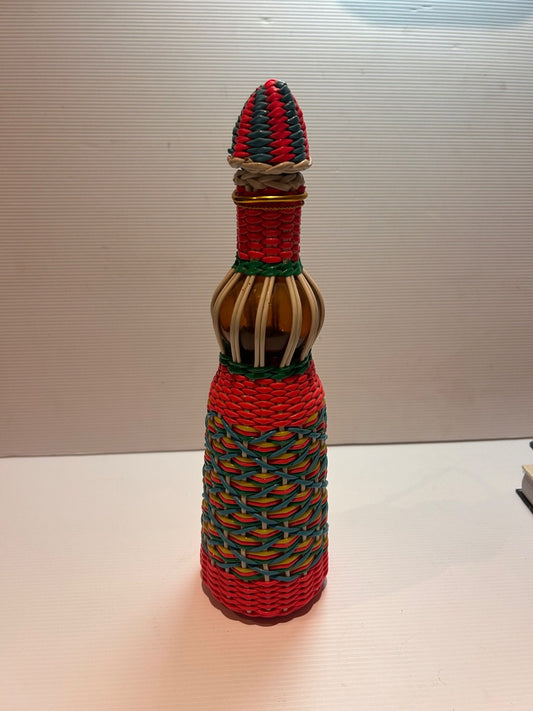Vintage 1960s Scoubidou Wrapped Bottle w/ Stopper Retro Folk Art Décor 29cm