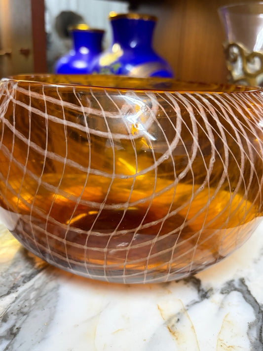 Vintage Amber Art Glass Bowl White Thread Decoration Murano Style Centrepiece