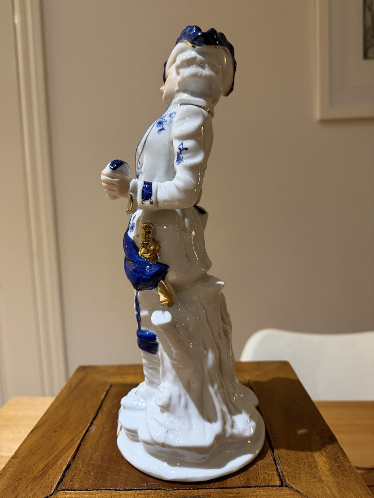 Vintage Porcelain Gentleman Figurine Blue White Gold Rococo Style 28cm