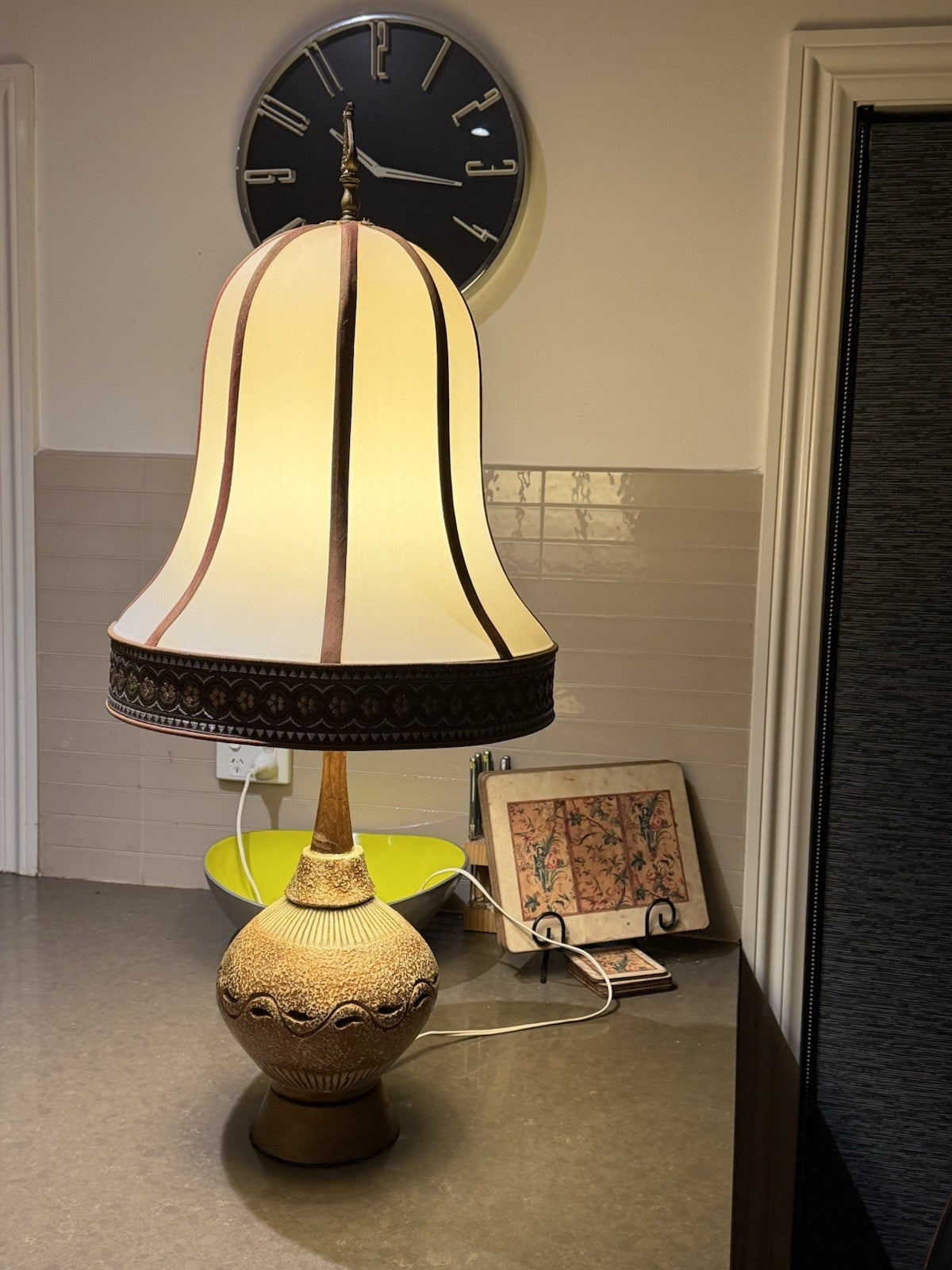 Vintage Mid Century Studio Pottery Table Lamp Ceramic Timber Base Working