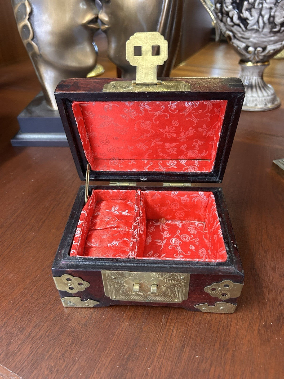Vintage Wooden Jewellery Box Brass Mounts Red Silk Lined Asian Style