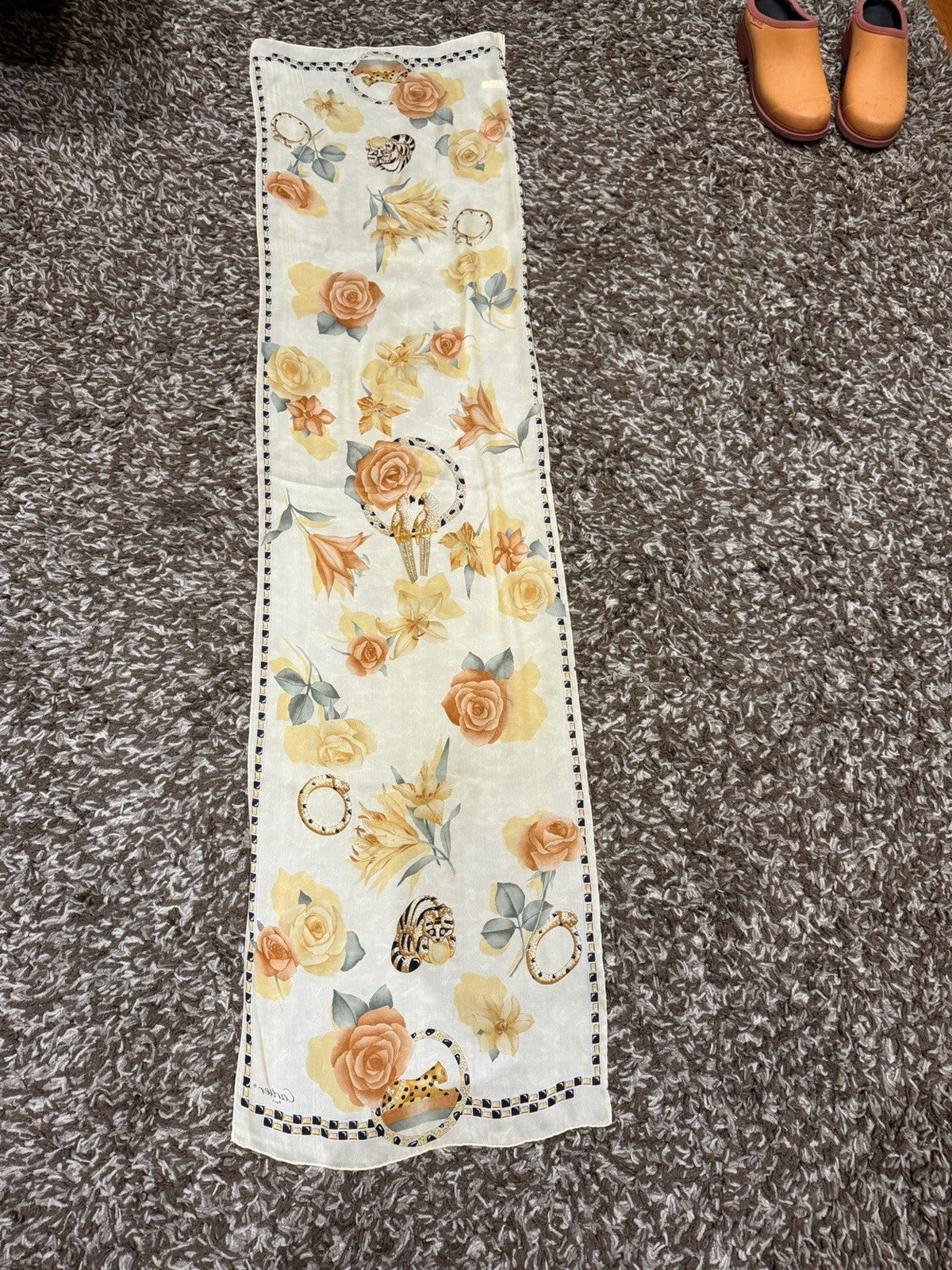 Vintage Cartier Paris Silk Scarf 162cm Panther Jewellery Roses Floral Stole