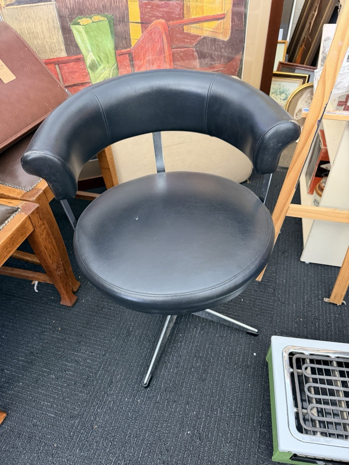 Vintage 1970s Black Swivel Tub Chair Chrome Star Base Retro Mid Century