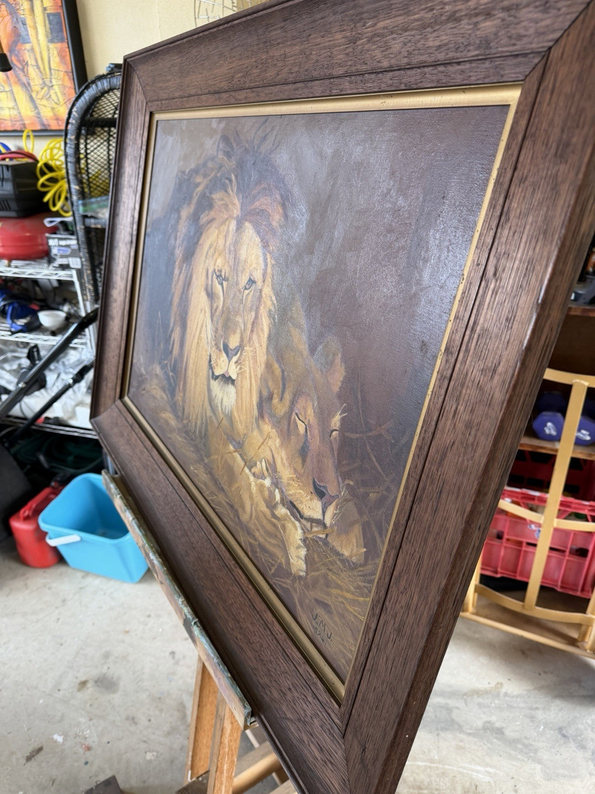 Large Original 1924 Oil Painting Lions – Signed J.M.J. – Period Frame