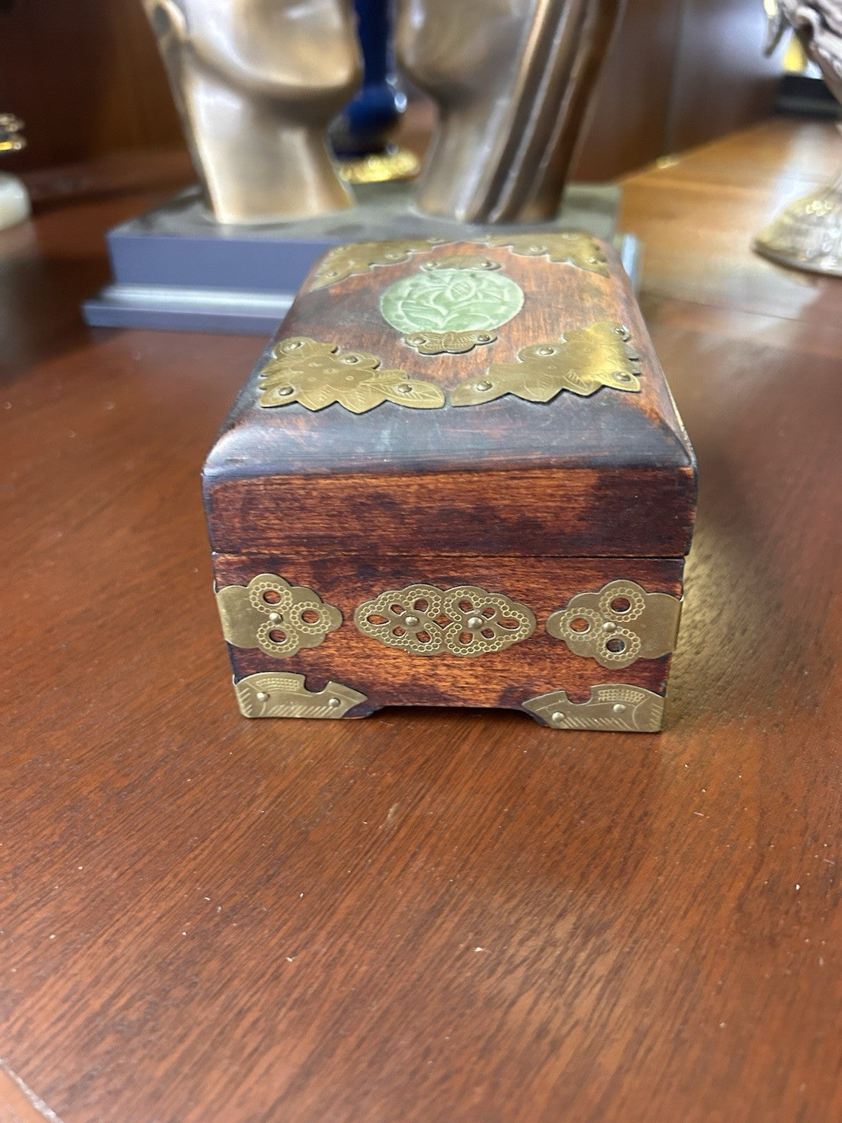 Vintage Wooden Jewellery Box Brass Mounts Red Silk Lined Asian Style