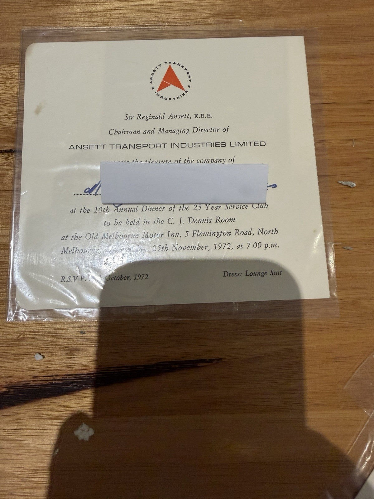 Ansett 25 Year Service Club 1972 Dinner Menu Invitation Sir Reginald Ansett
