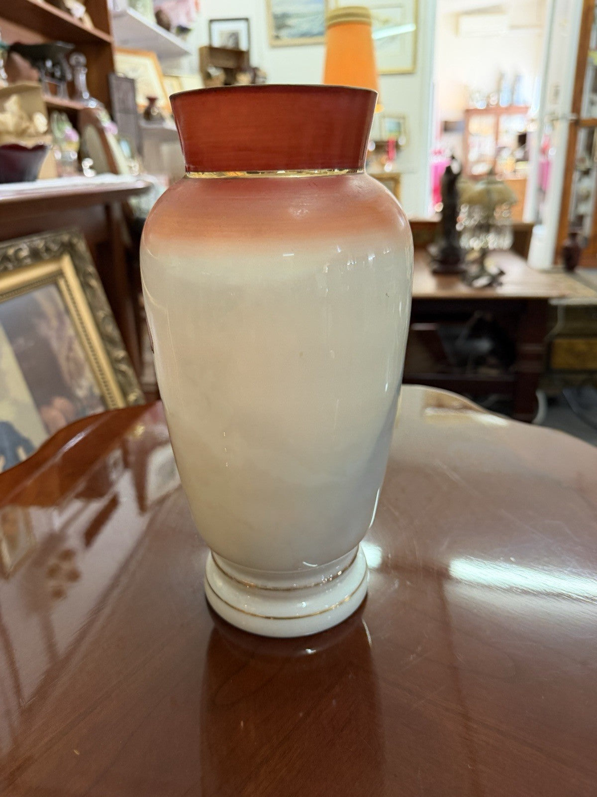 Antique Hand Painted Satin Glass Vase Cranberry Rim Floral Art Glass 25cm