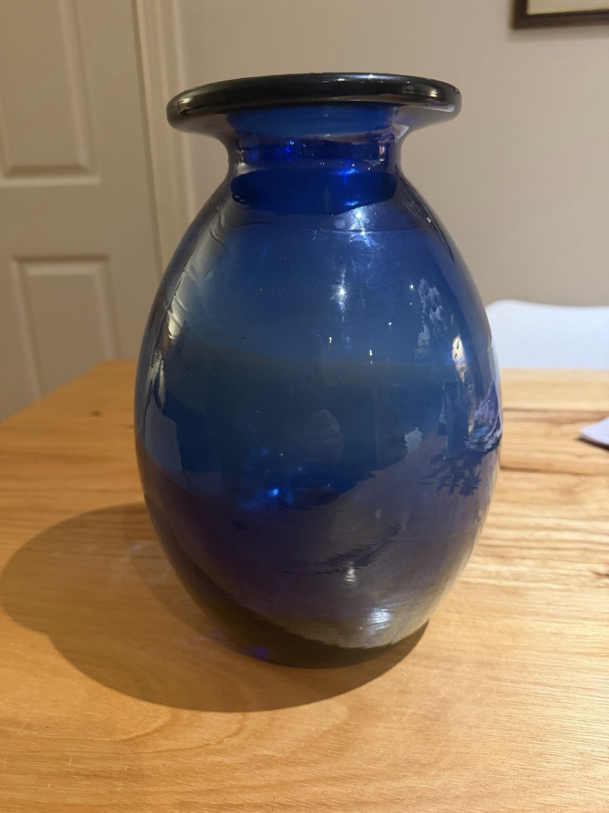 Vintage Cobalt Blue Hand Blown Art Glass Vase Heavy 2.54kg 25cm Rolled Rim