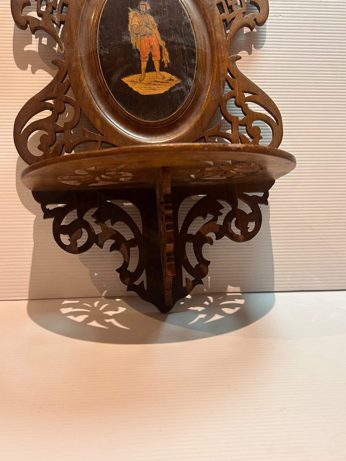 Antique Victorian Fretwork Wall Shelf with Painted Figure c.1890s