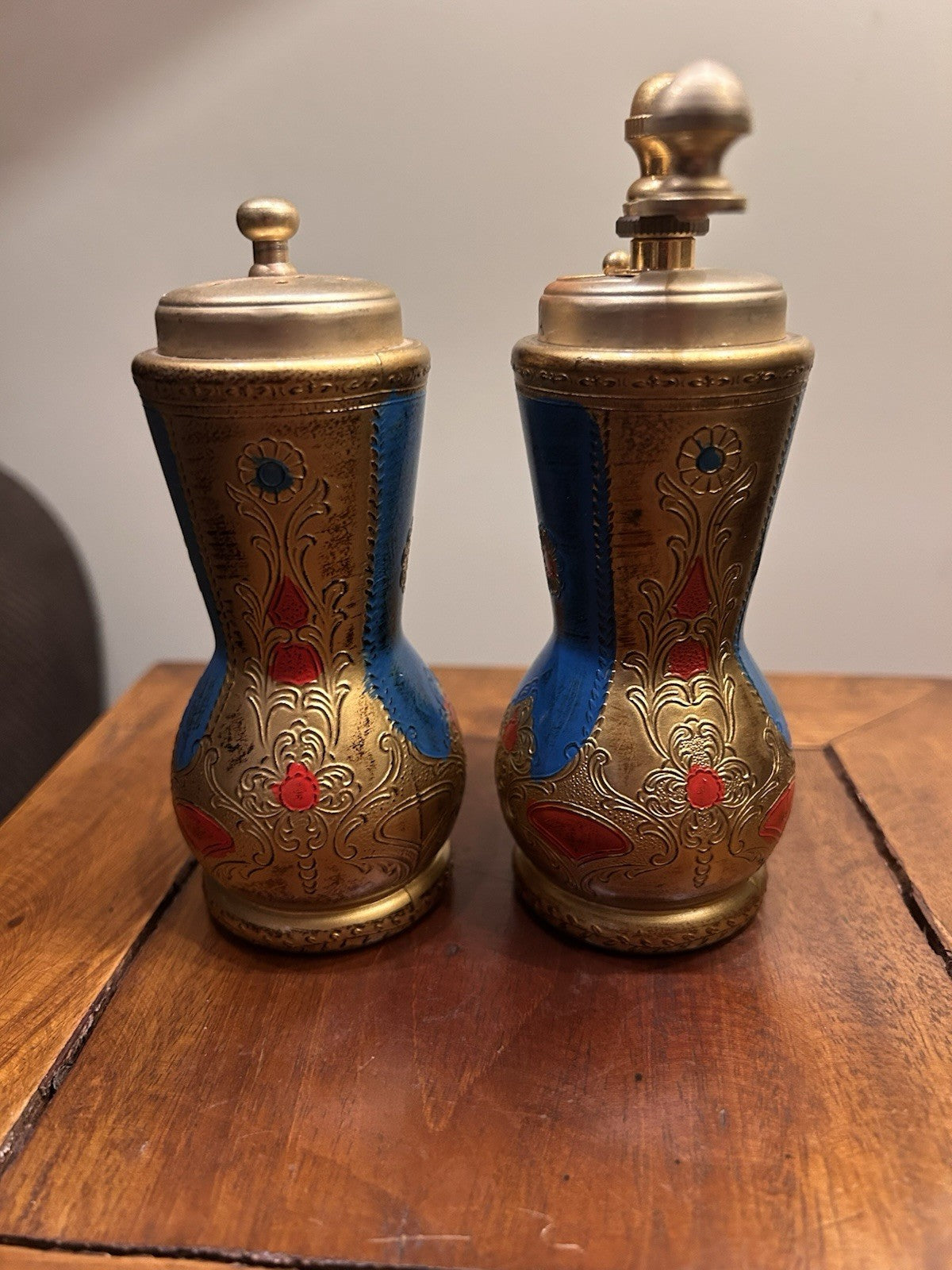 Vintage Italian Salt Pepper Grinder Set Blue Gold Florentine Style Pair