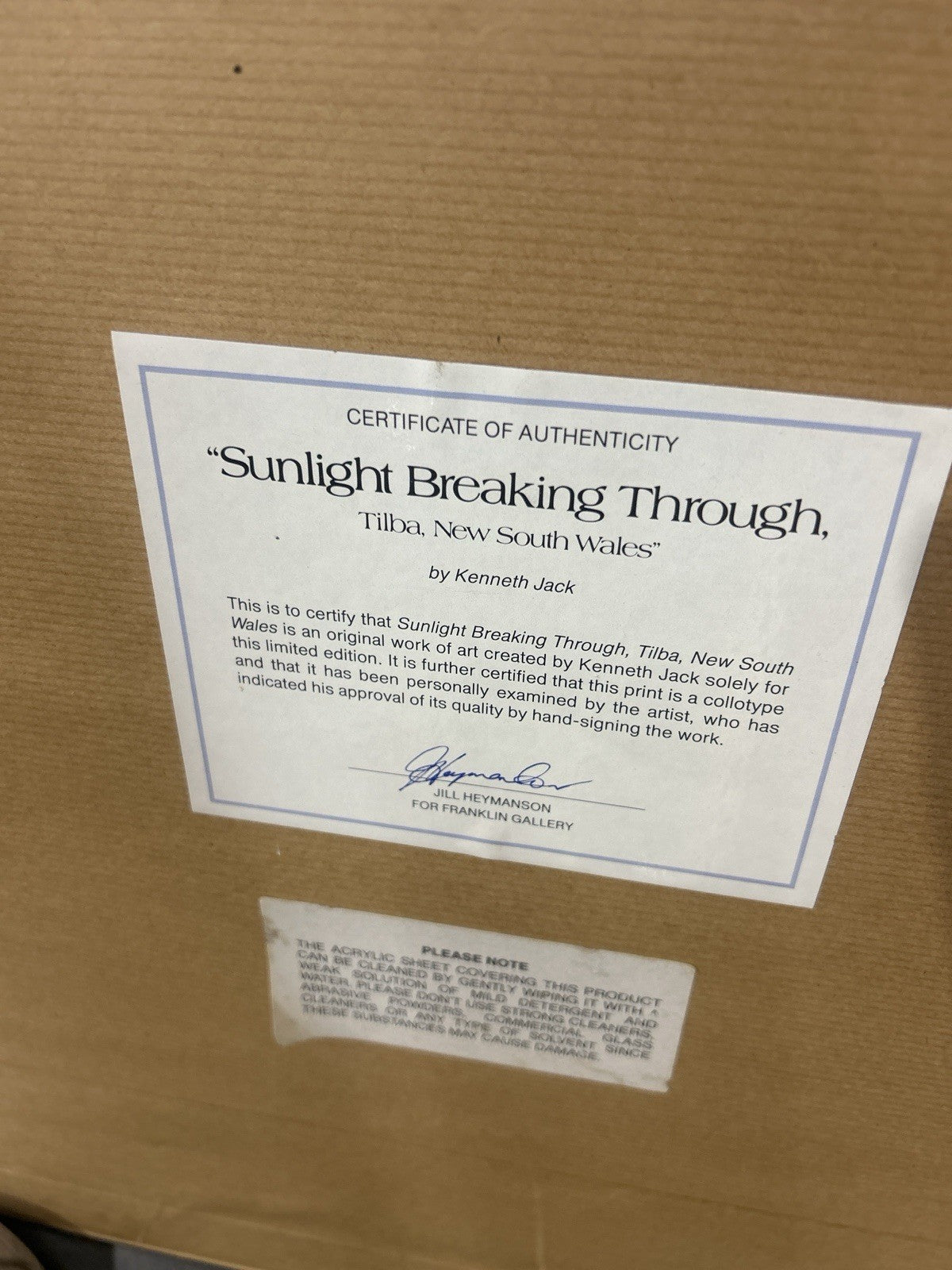 Kenneth Jack Signed Print Sunlight Breaking Through, Tilba NSW 1982 COA