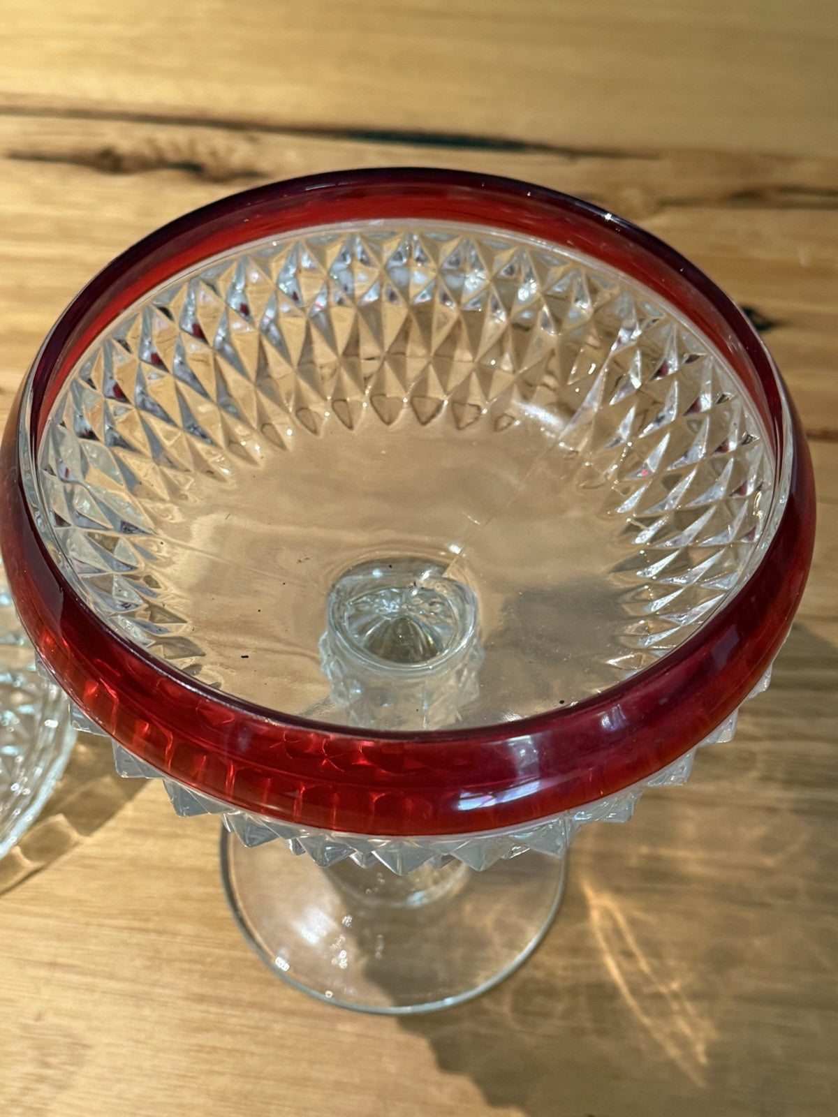 Vintage Indiana Glass Ruby Red Diamond Point Lidded Pedestal Candy Dish USA