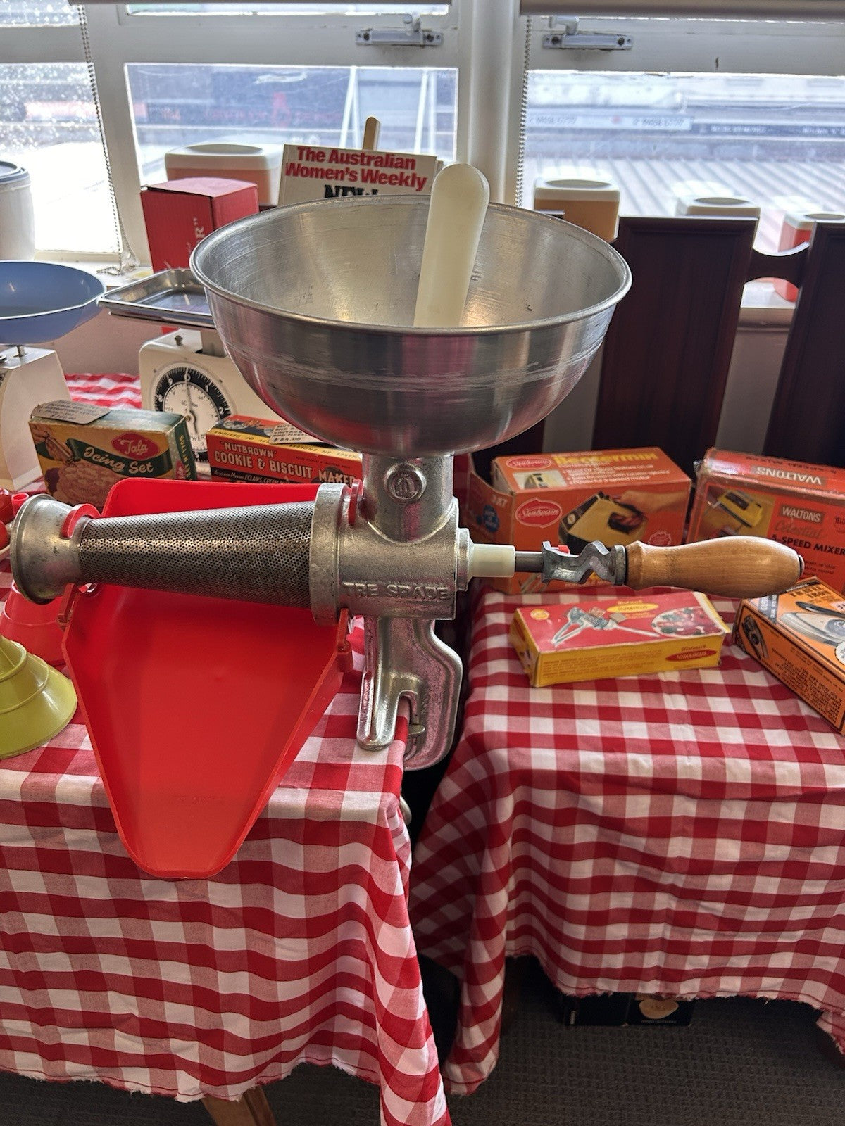 Tre Spade Hand Crank Food Mill Grinder w/ 2 Funnels Vintage Kitchen Italy