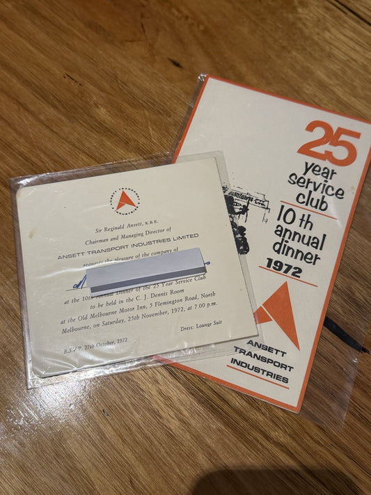 Ansett 25 Year Service Club 1972 Dinner Menu Invitation Sir Reginald Ansett