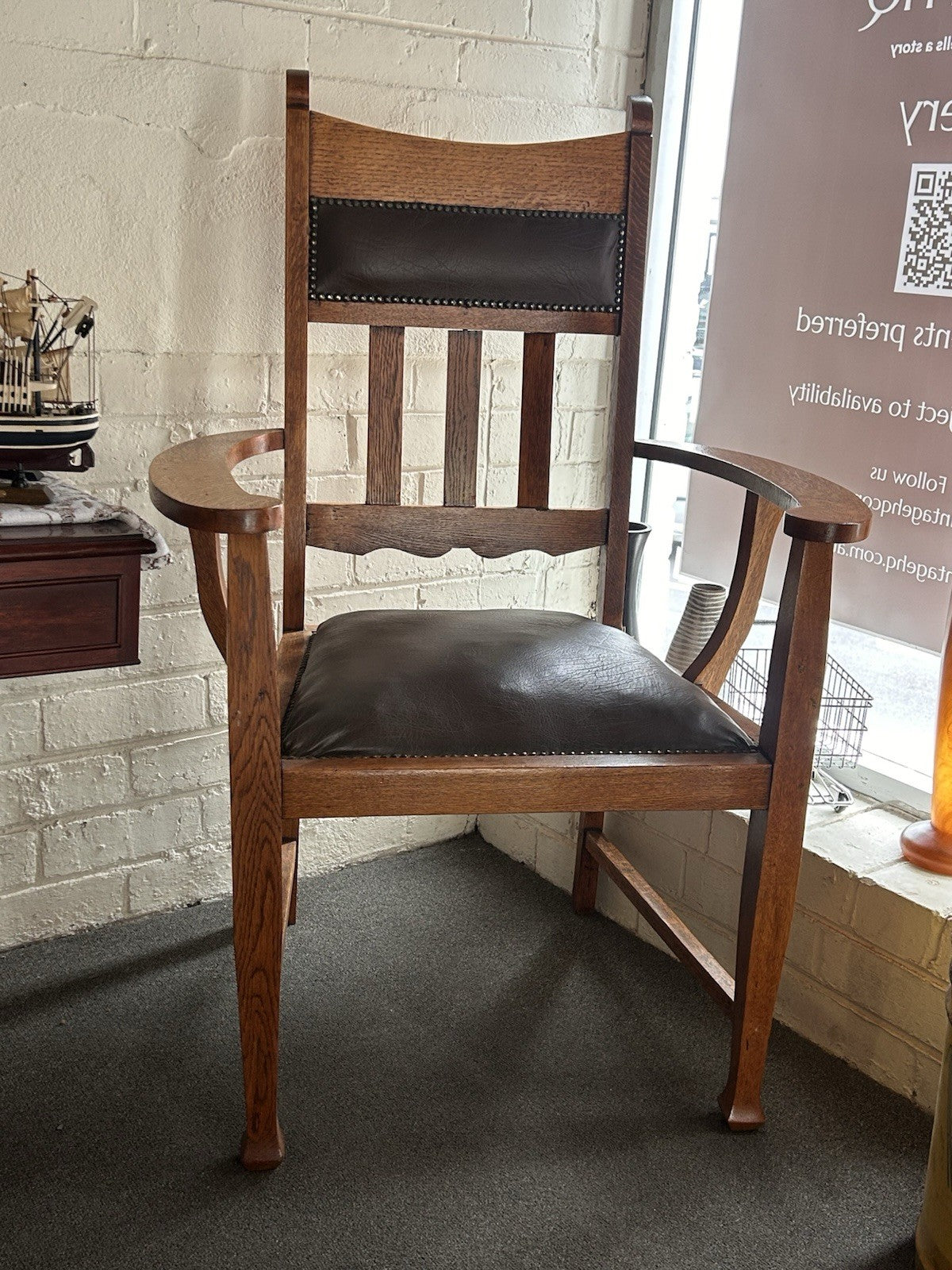 Antique Arts & Crafts Oak Carver Chair Leather Dining Chair c1905