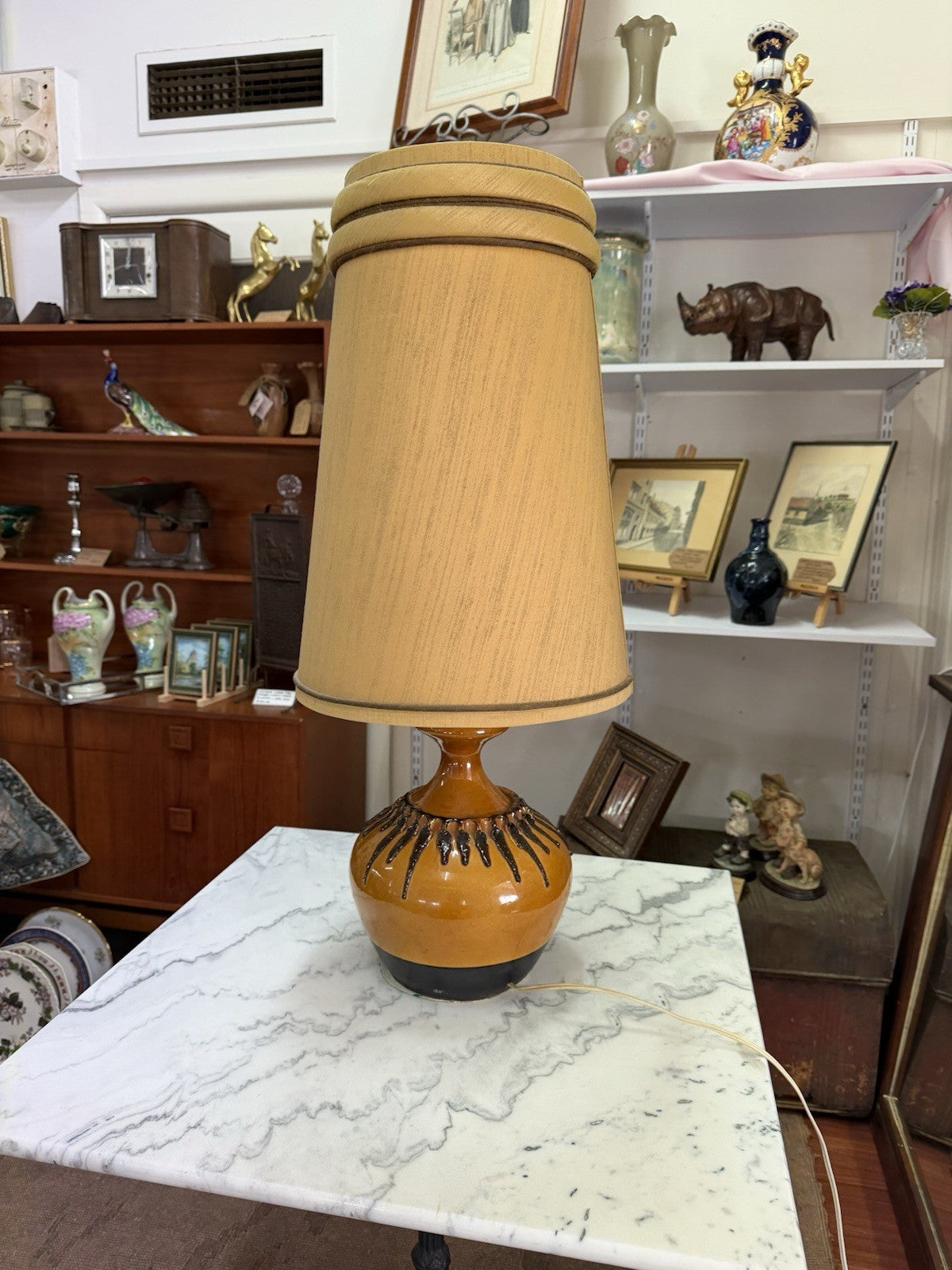 Vintage Large 1970s Ceramic Table Lamp Amber Drip Glaze 87cm Tagged Tested