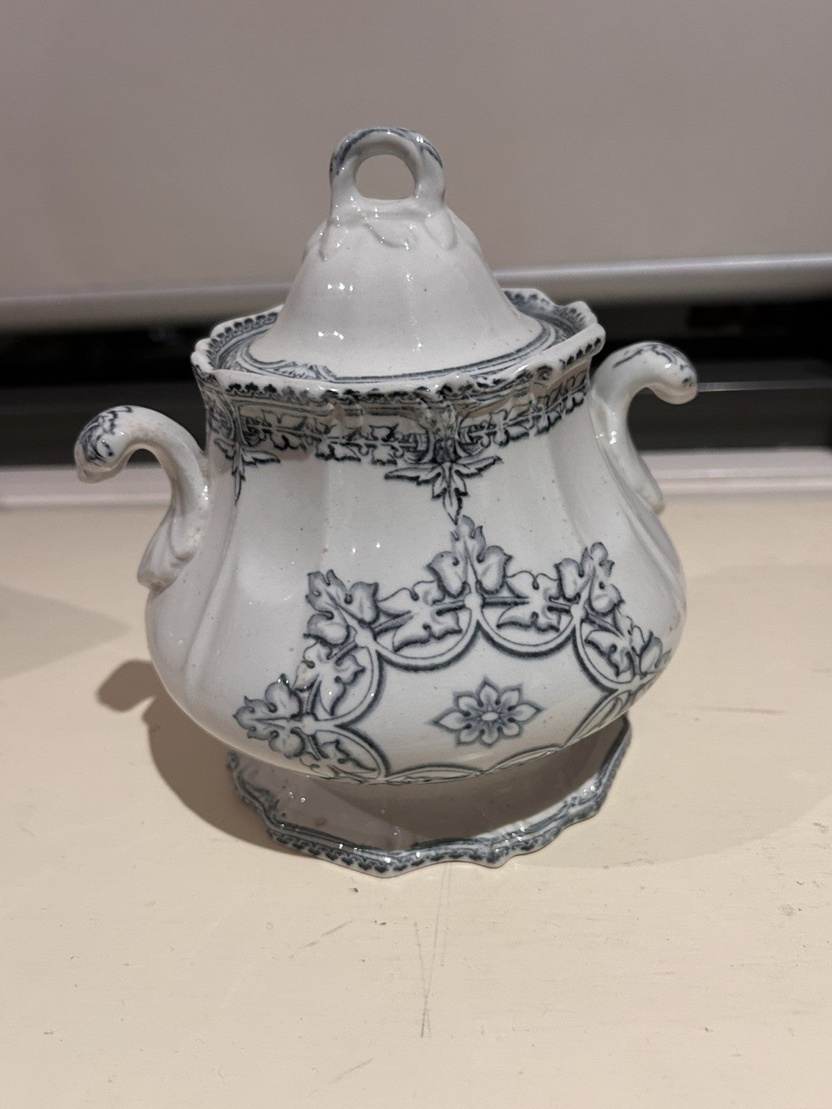 Antique French Blue & White Faience Sugar Bowl w Lid c1900 Ironstone 