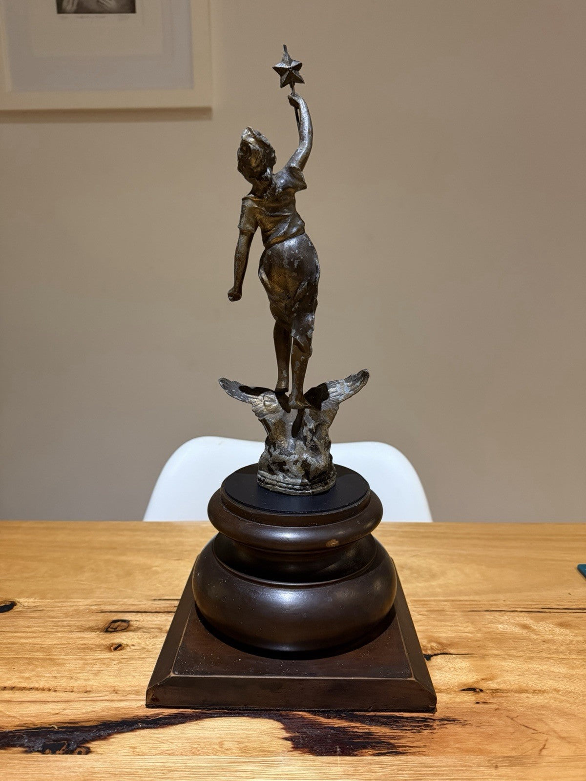La Nuit Spelter Sculpture Lady With Star Eagle Figure on Timber Plinth