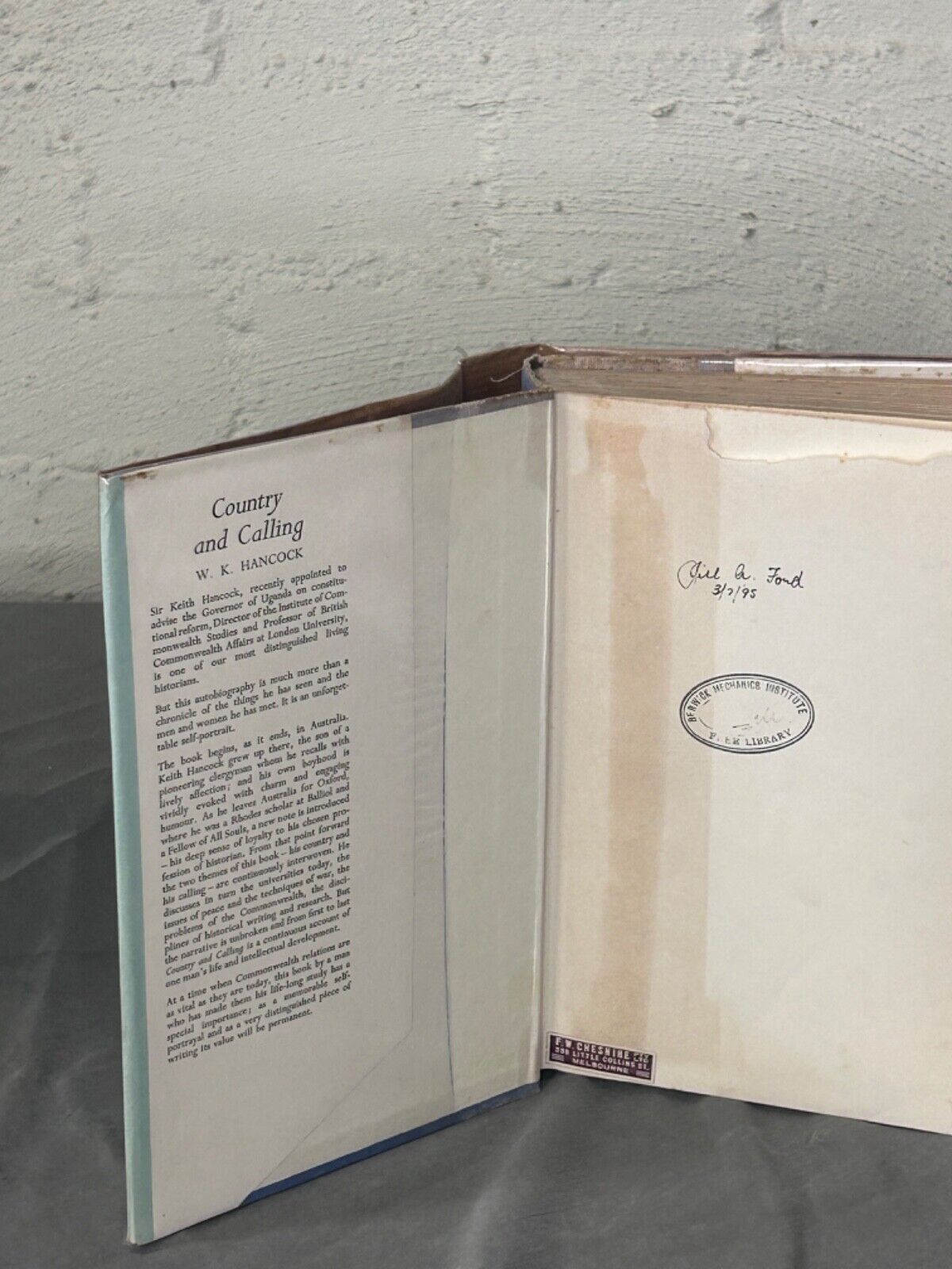 Country and Calling William Keith Hancock 1954 First Edition Hardcover & Dust Ja