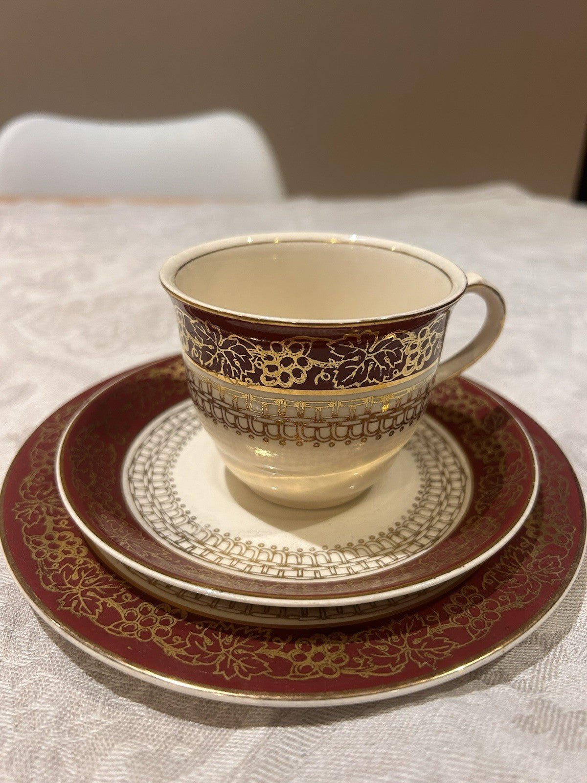 John Maddock & Sons English Cup Saucer Plate Trio Burgundy Gilt Tea Set