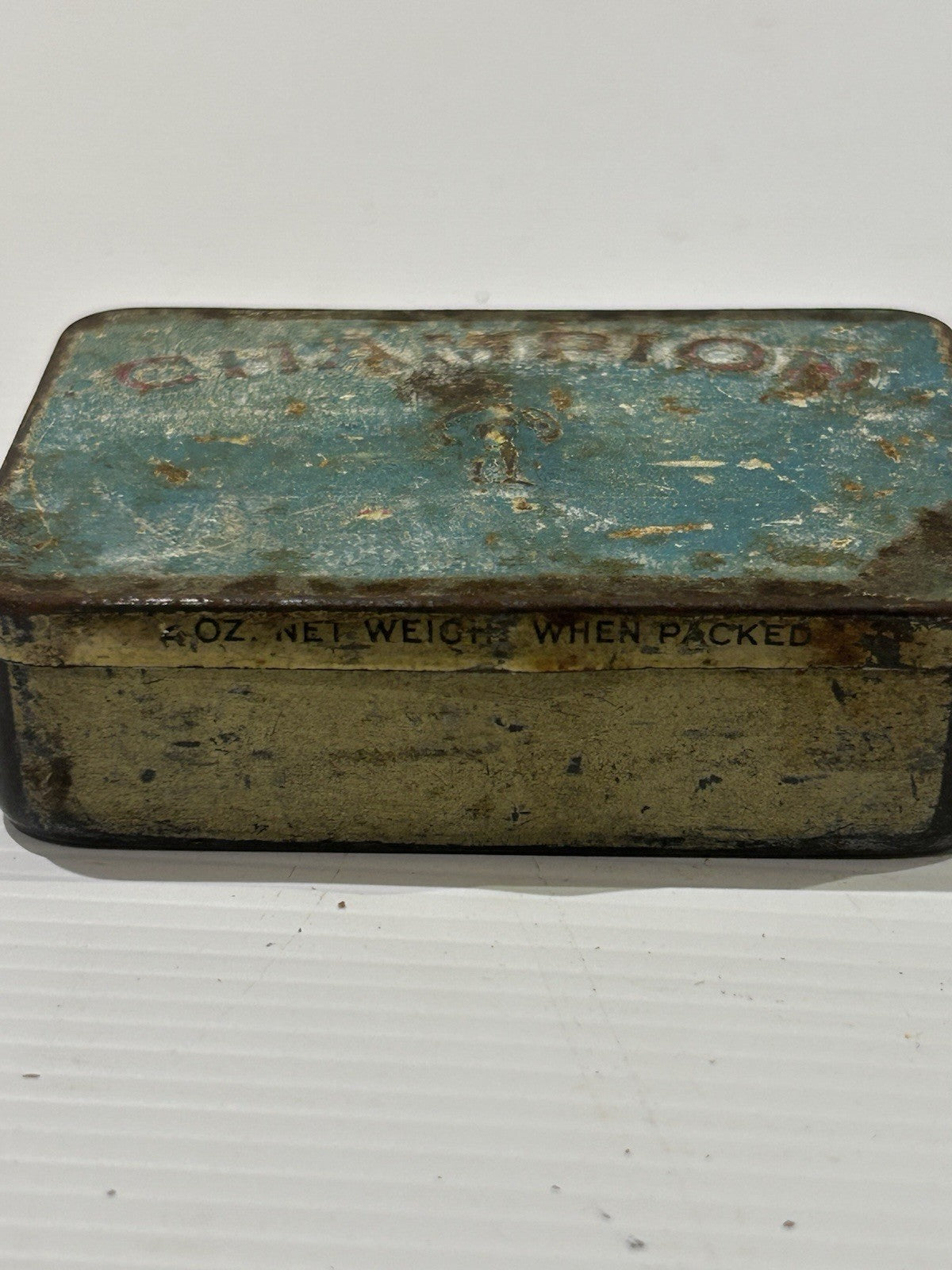 Vintage Champion Tobacco Tin Blue Gold Hinged Lid 4oz Rusty Patina Australiana