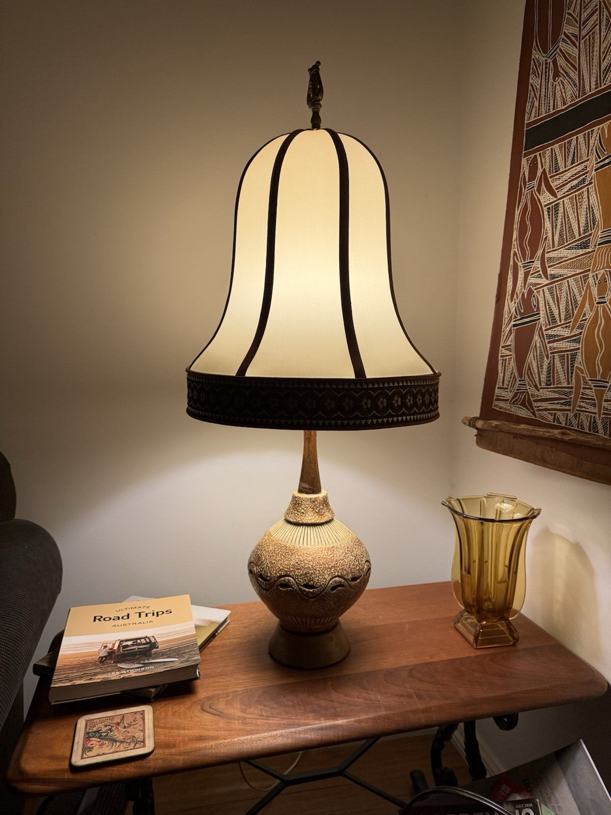 Vintage Mid Century Studio Pottery Table Lamp Ceramic Timber Base Working