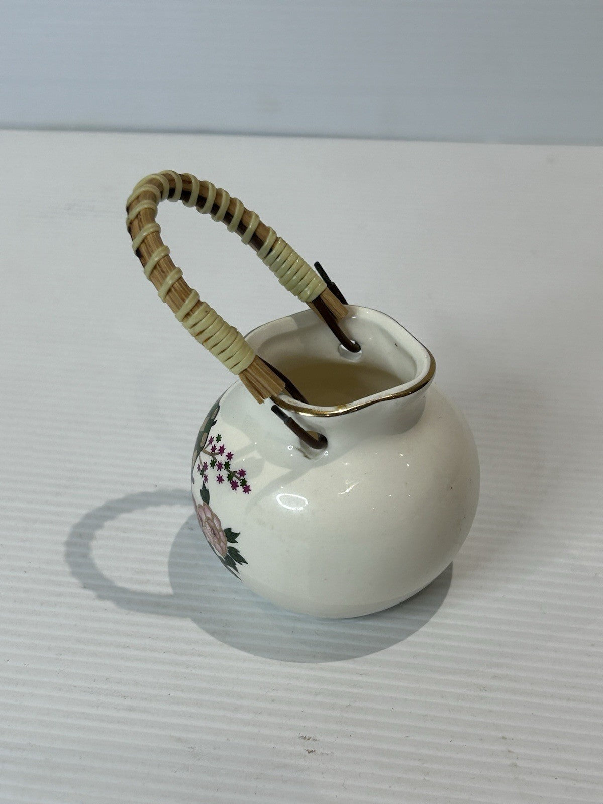 Mini Japanese Ceramic Basket Vase w/ Handle Floral Cart Motif Made in Japan