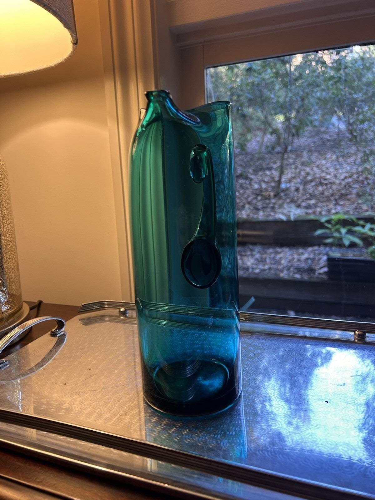 Vintage Scandinavian Teal Art Glass Pitcher 27cm Mid Century c1970 