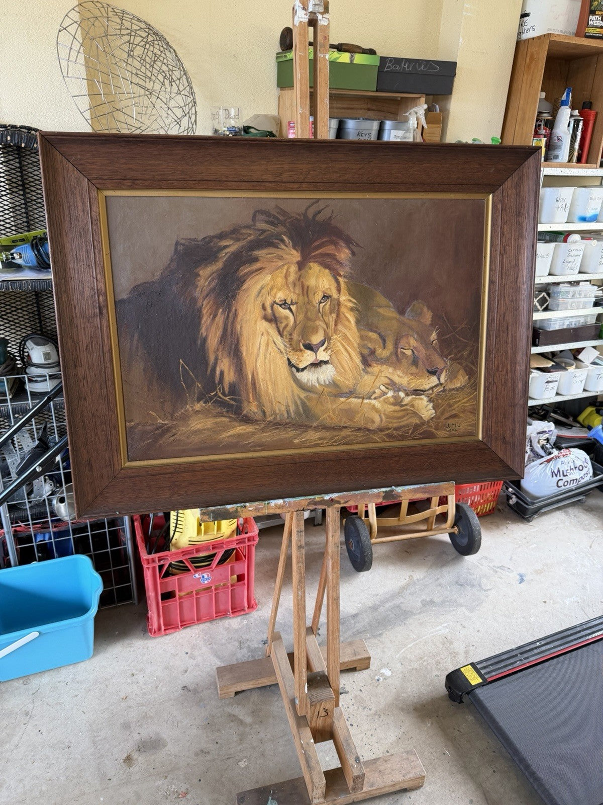 Large Original 1924 Oil Painting Lions – Signed J.M.J. – Period Frame