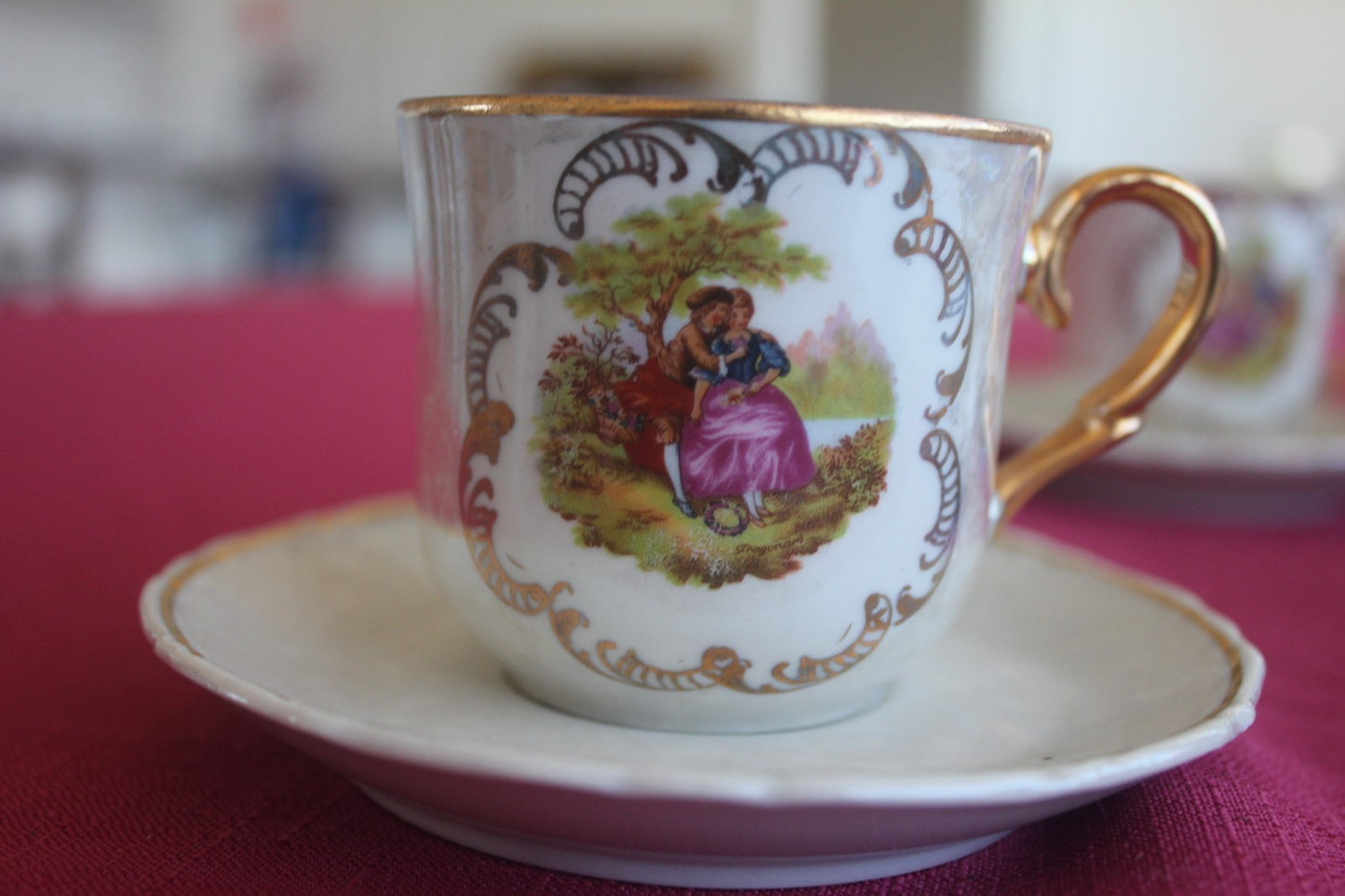 Vintage Nuria Spanish Lustreware Coffee Set – 21pc – Romantic Scenes – c.1950s