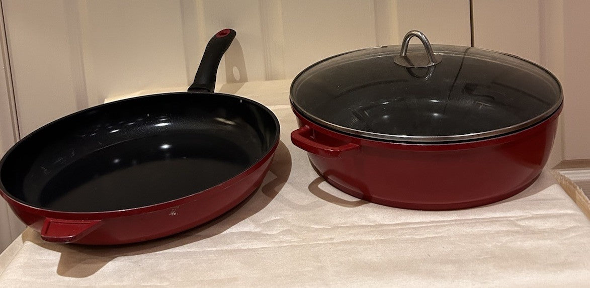 Baccarat Cast Aluminium Red Casserole w Lid & Frypan Set Non-Stick Induction