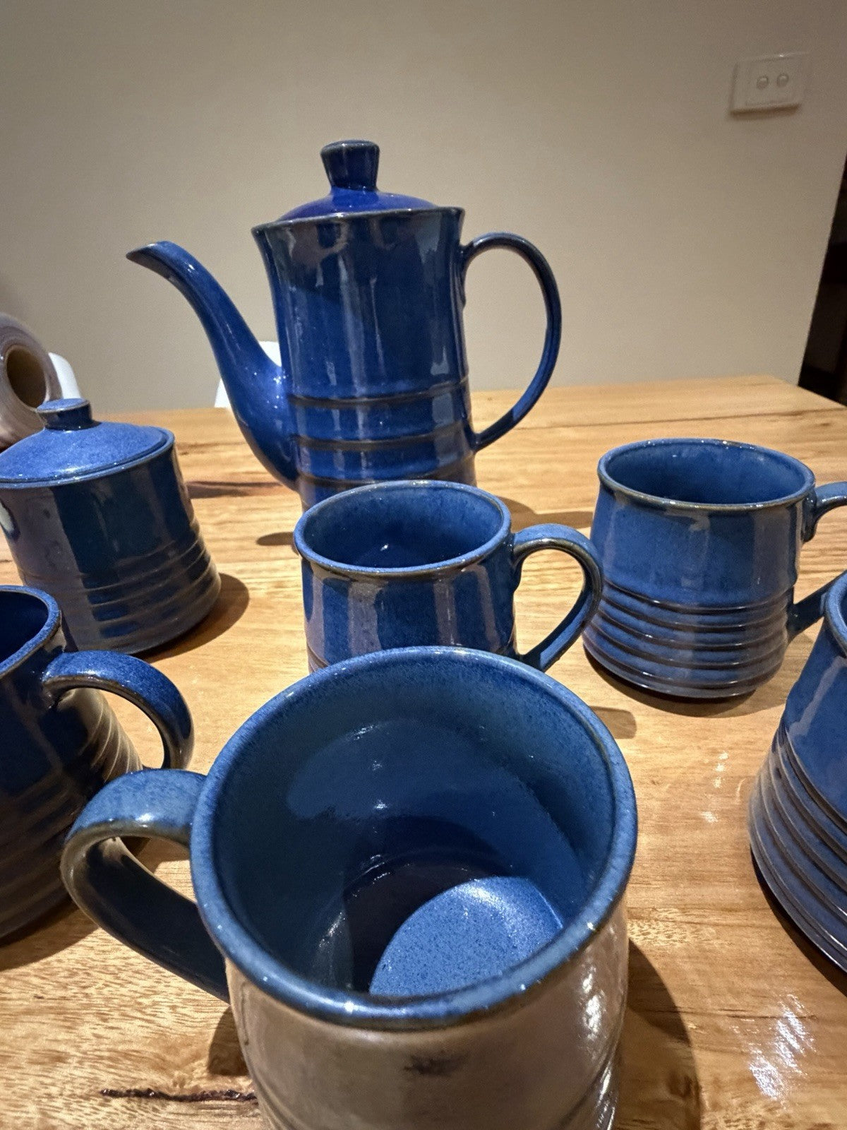 Mid Century Japanese Blue Pottery Coffee Set Teapot Mugs Creamer 1960s 7pc