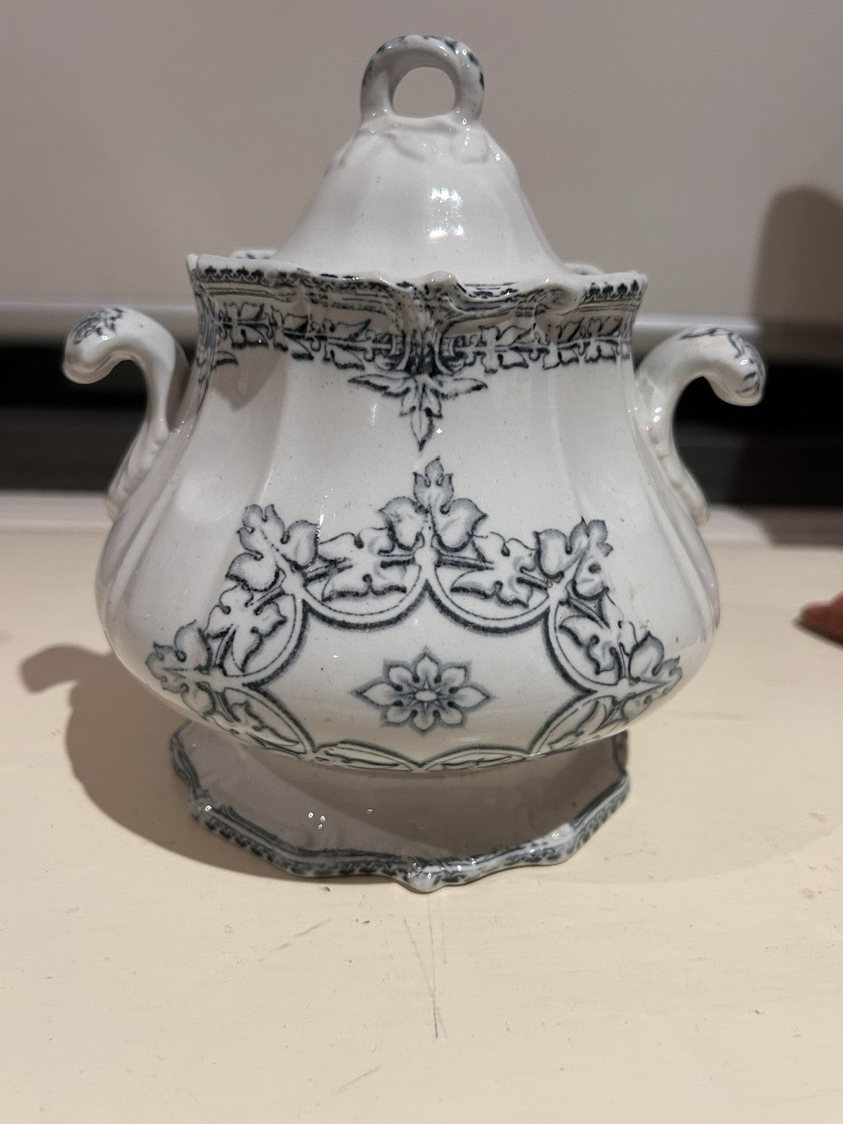 Antique French Blue & White Faience Sugar Bowl w Lid c1900 Ironstone 