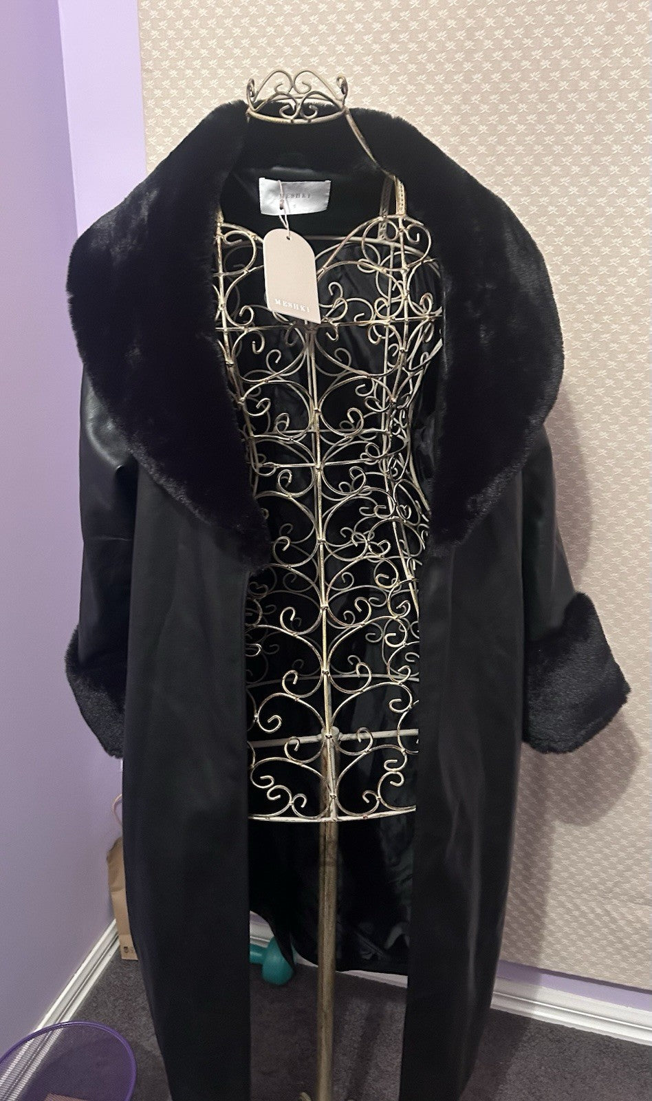 Meshki Rebekah Oversized PU Trench Coat Faux Fur Black S BNWT Glam Winter