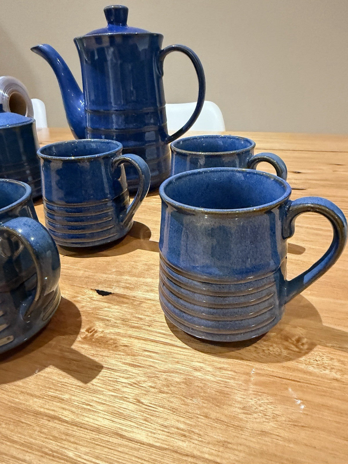 Mid Century Japanese Blue Pottery Coffee Set Teapot Mugs Creamer 1960s 7pc