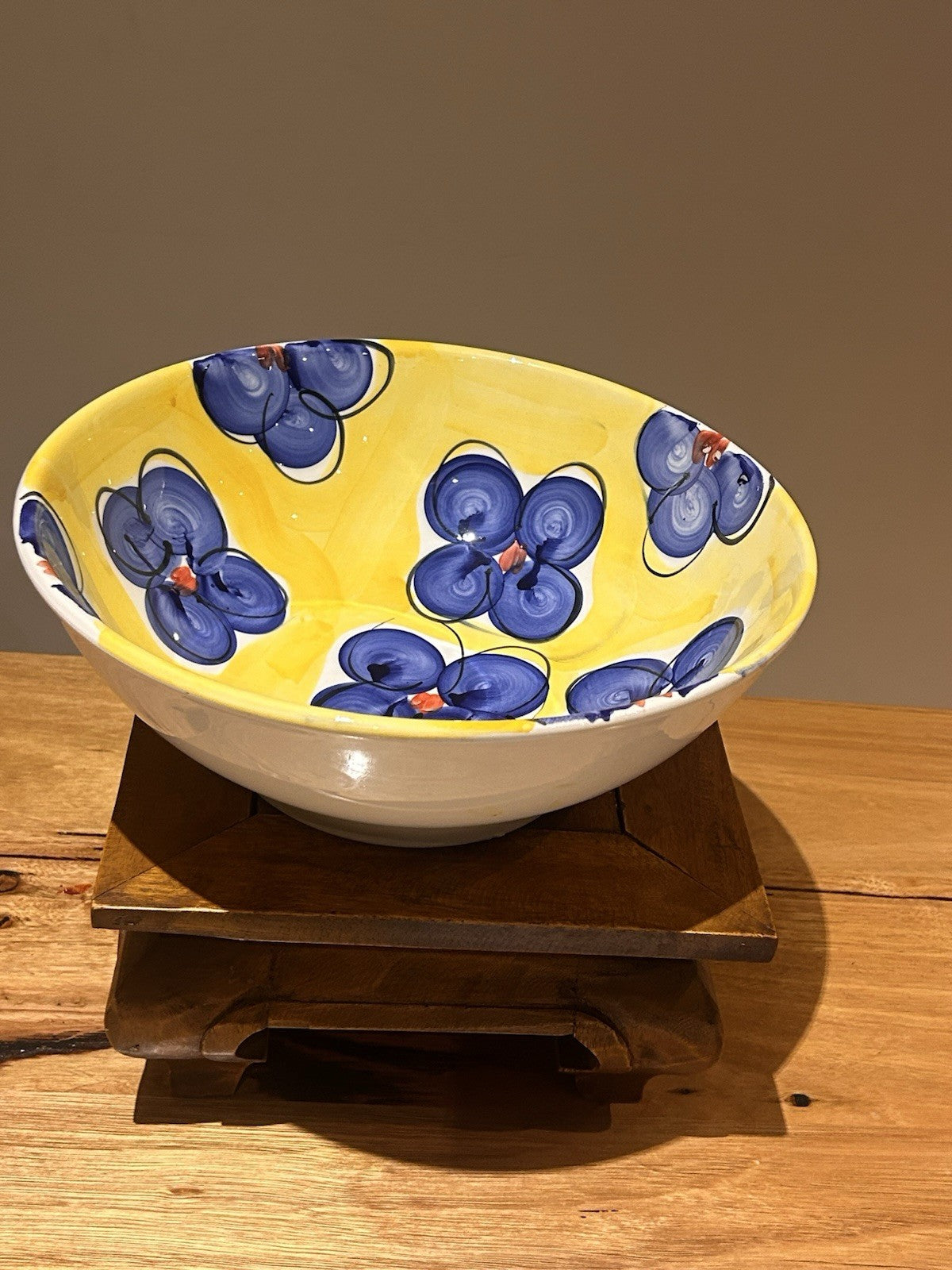 Italian Hand Painted Ceramic Bowl 29cm Deruta Style Yellow Blue Vintage