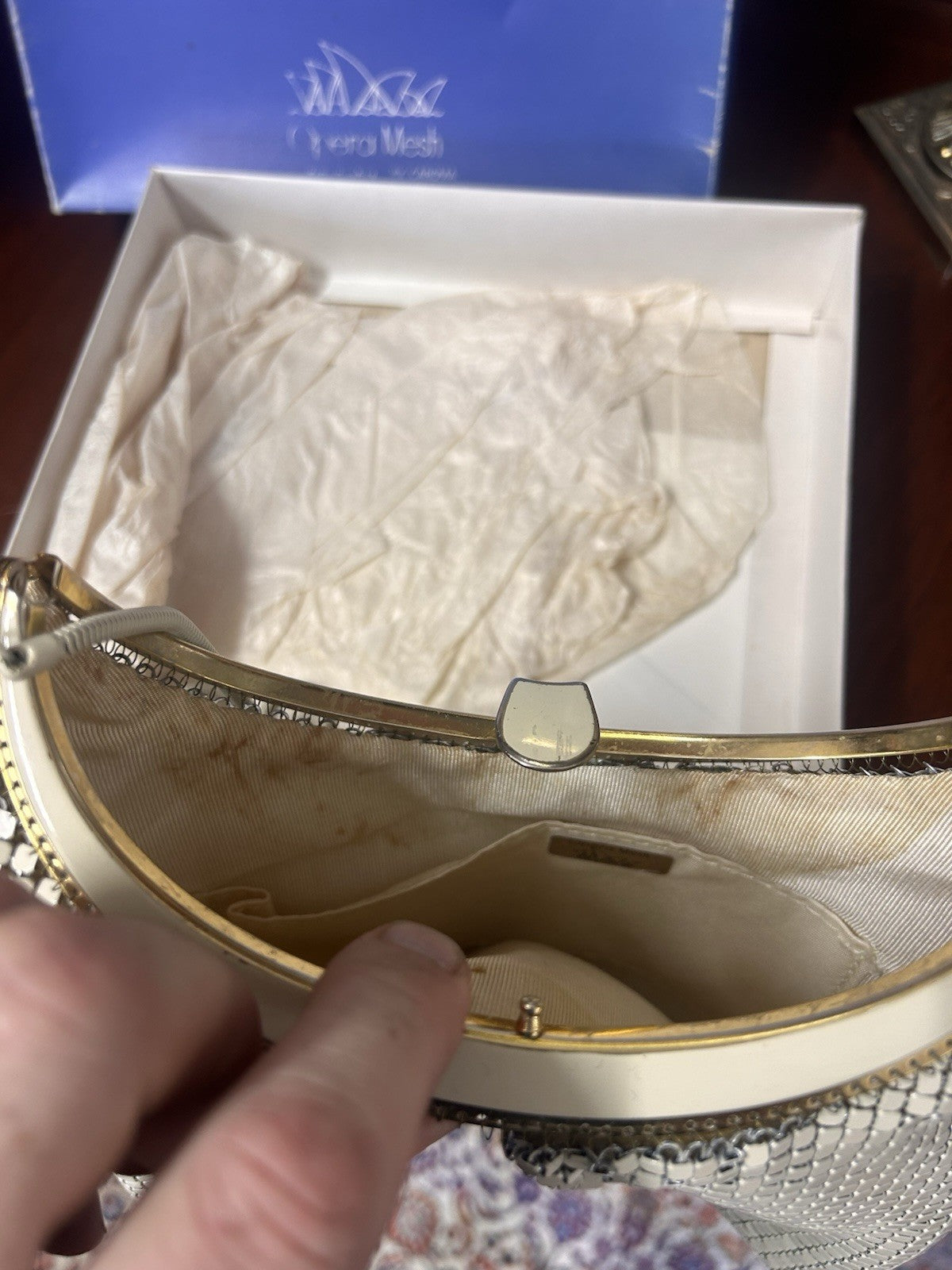 Vintage Opera Mesh by Caroma Evening Bag Cream Metal Mesh Boxed c.1960s