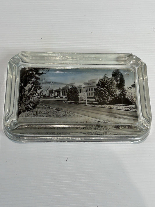 Vintage Glass Ashtray Parliament House Canberra Souvenir 1950s Reverse Paint