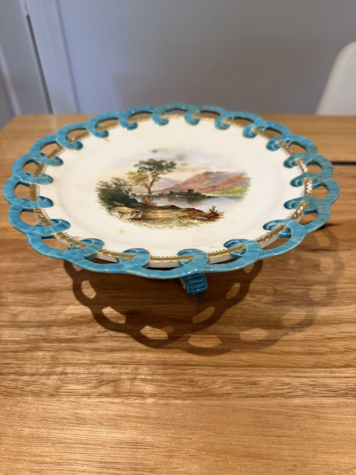 Antique Minton Style Porcelain Tazza Turquoise Pierced Rim Landscape c.1860