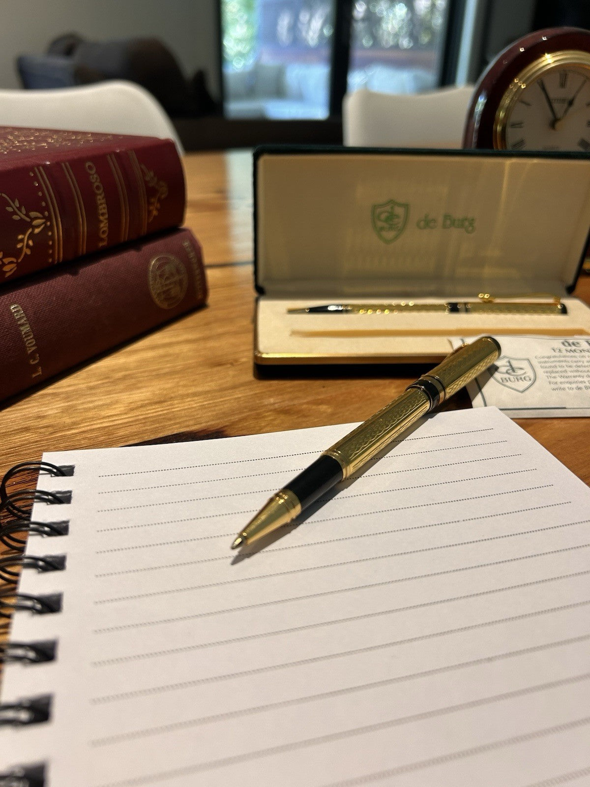 Vintage de Burg Gold Tone Ballpoint Pen Set Boxed With Warranty Card