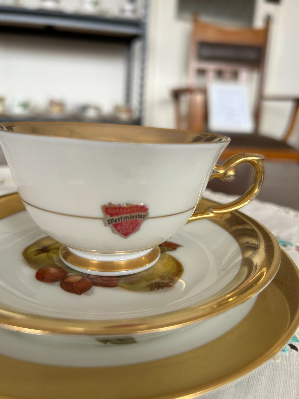 Vintage Westminster Fine China 22ct Gold Rimmed Fruit Tea Cup Trio